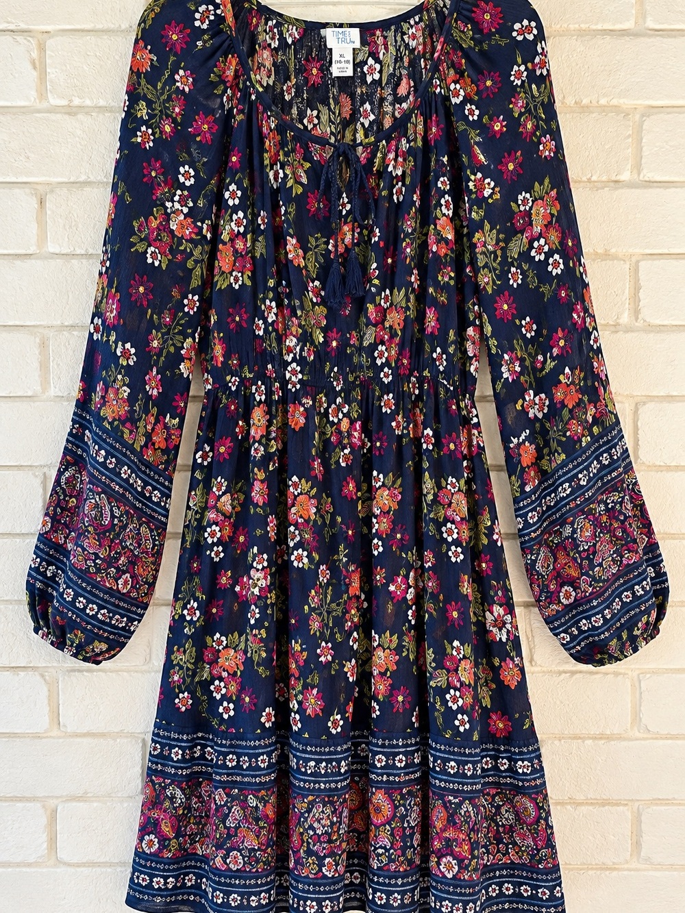 Time and Tru Navy Floral Boho Dress XL 16-18 Long Sleeve